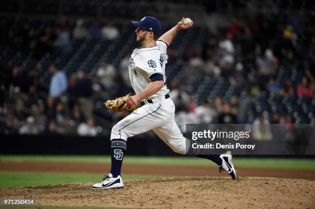 Cory Spangenberg of the San Diego Padres plays during a baseball game against the Atlanta Braves at PETCO Park on June 5, 2018 in San Diego,...