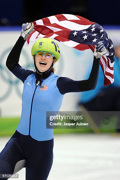 Katherine Reutter of the United States celebrates the silver medal in the Ladies 1000m Short Track Speed Skating Final on day 15 of the 2010...