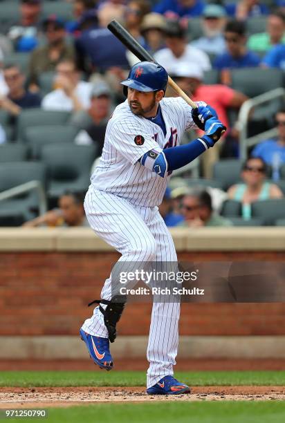 Adrian Gonzalez of the New York Mets in action against the Baltimore Orioles during a game at Citi Field on June 6, 2018 in the Flushing neighborhood...