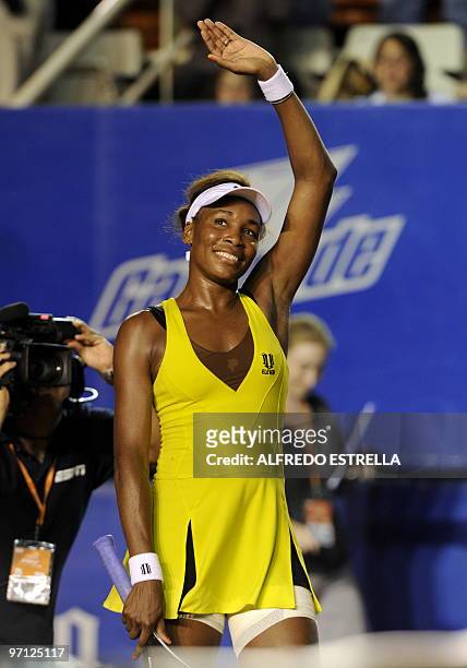 Tennis player Venus Williams celebrates her victory over Romanian tennis player Edina Gallovits, during the fifth day of the WTA Open in Acapulco,...