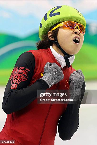 Wang Meng of China celebrates the gold medal in the Ladies 1000m Short Track Speed Skating Final on day 15 of the 2010 Vancouver Winter Olympics at...