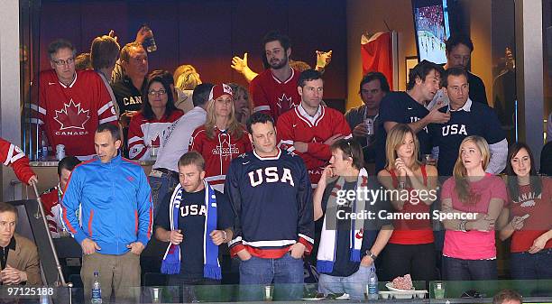 Actor Vince Vaughn and director Peter Billingsley attend the ice hockey men's semifinal game between the Canada and Slovakia on day 15 of the...