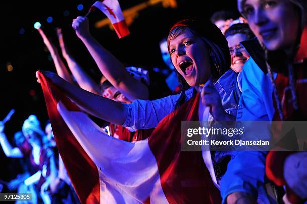 Fans listen to Great Big Sea perform during the medal ceremony on day 15 of the Vancouver 2010 Winter Olympics at BC Place on February 26, 2010 in...