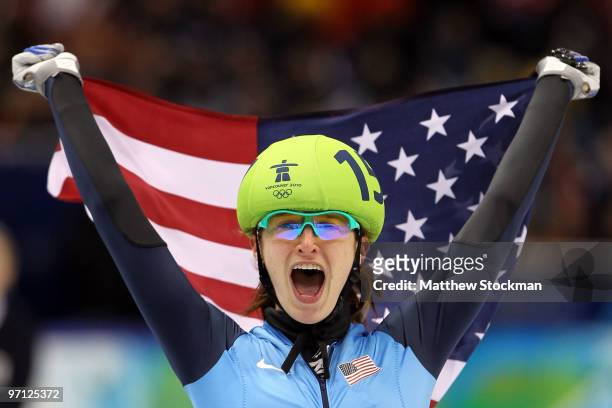 Katherine Reutter of the United States celebrates the silver medal in the Ladies 1000m Short Track Speed Skating Final on day 15 of the 2010...