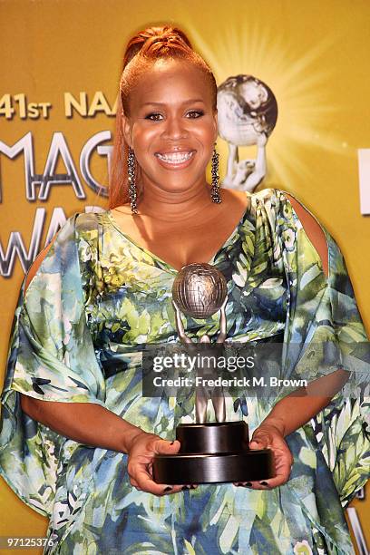 Singer Erica Campbell of "Mary Mary" winner of Outstanding Song poses in the press room during the 41st NAACP Image awards held at The Shrine...