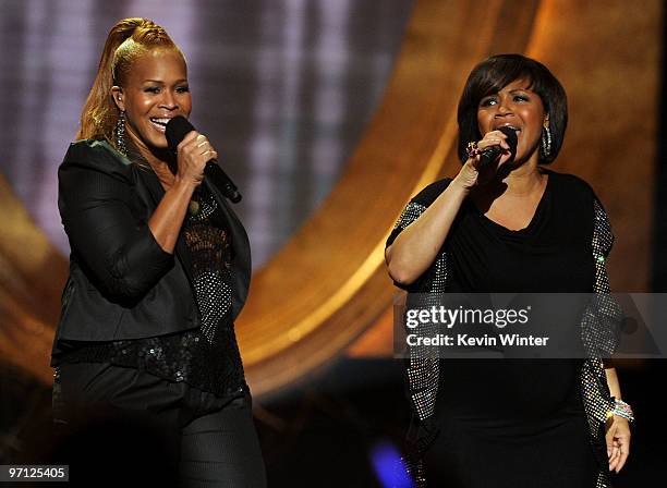 Singers Tina Campbell and Erica Campbell perform onstage during the 41st NAACP Image awards held at The Shrine Auditorium on February 26, 2010 in Los...