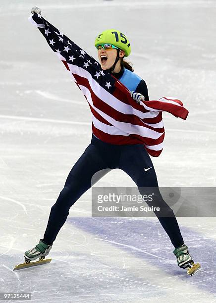 Katherine Reutter of the United States celebrates the silver medal in the Ladies 1000m Short Track Speed Skating Final on day 15 of the 2010...