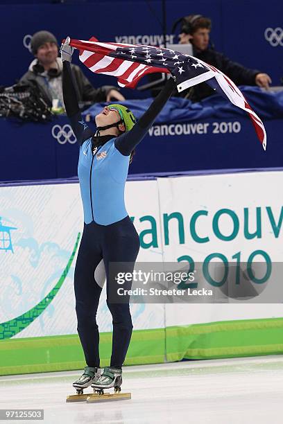 Katherine Reutter of the United States celebrates the silver medal in the Ladies 1000m Short Track Speed Skating Final on day 15 of the 2010...