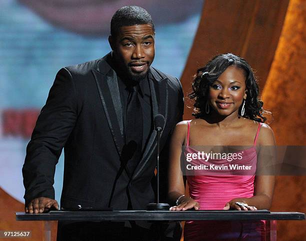 Michael Jai White and Naturi Naughton speak onstage during the 41st NAACP Image awards pre-tel show held at The Shrine Auditorium on February 26,...