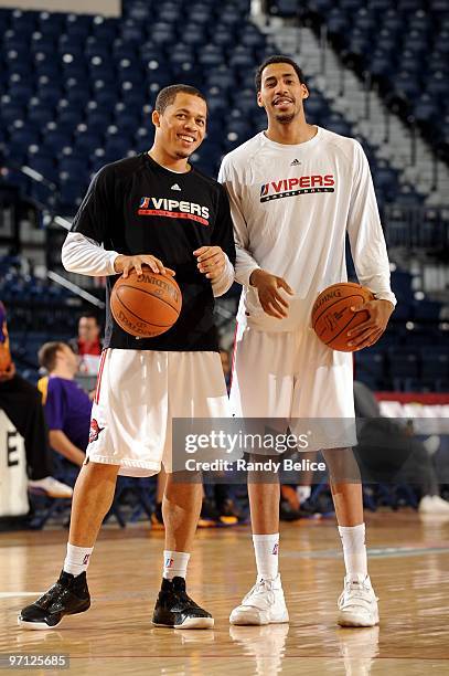 Jonathan Wallace and Garrett Temple of the Rio Grande Valley Vipers talk on the court during warm-ups prior to the NBA D-League game against the Los...