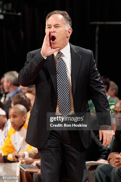 Head coach Jim O'Brien of the Indiana Pacers calls out during the game against the Detroit Pistons on February 5, 2010 at Conseco Fieldhouse in...