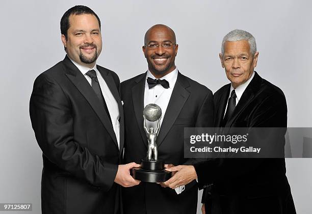 President's Award winner Van Jones poses for a portrait with current NAACP Chairman Benjamin Jealous and former NAACP Chairman Julian Bond during the...