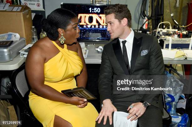 Uzo Aduba and Matthew Morrison pose backstage during the 72nd Annual Tony Awards at Radio City Music Hall on June 10, 2018 in New York City.