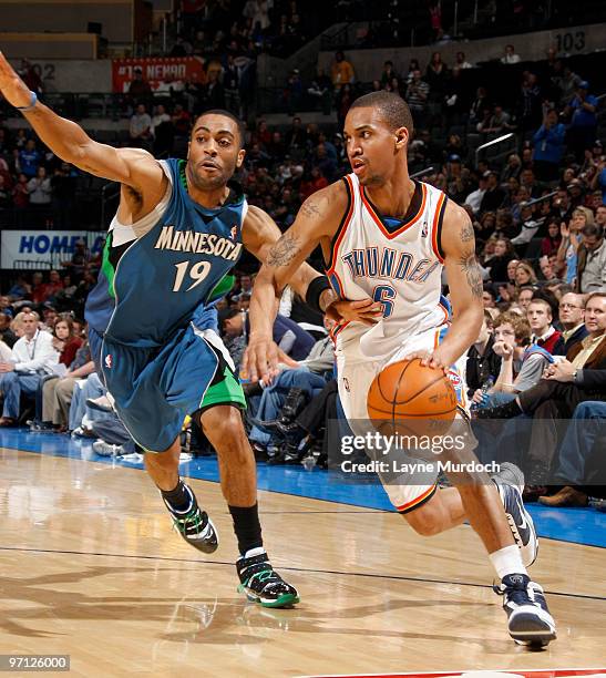 Eric Maynor of the Oklahoma City Thunder drives to the basket against Wayne Ellington of the Minnesota Timberwolves on February 26, 2010 at the Ford...