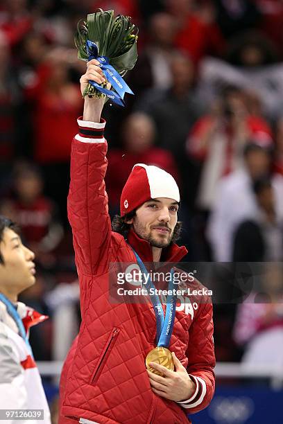 Gold medalist Charles Hamelin of Canada celebrates after the Men's 500m Short Track Speed Skating Final on day 15 of the 2010 Vancouver Winter...