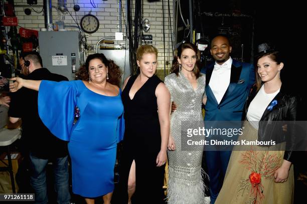 Marissa Jaret Winokur, Amy Schumer, Tina Fey, Brandon Victor Dixon, and Rachel Bloom pose backstage during the 72nd Annual Tony Awards at Radio City...