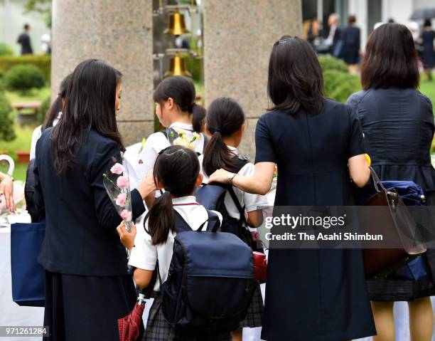 The memorial ceremony is held on the 17th anniversary of the stabbing rampage at the Osaka Kyoiku University Ikeda Elementary School on June 8, 2018...