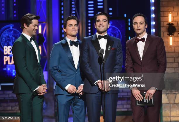 Andrew Rannells, Matt Bomer, Zachary Quinto, and Jim Parsons present an award onstage during the 72nd Annual Tony Awards at Radio City Music Hall on...