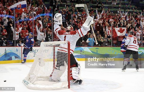 Goalkeeper Roberto Luongo of Canada celebrate after Canada won the ice hockey men's semifinal game between the Canada and Slovakia on day 15 of the...
