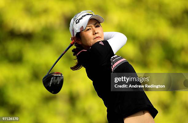 Shinobu Moromizato of Japan hits her tee-shot on the sixth hole during the third round of the HSBC Women's Champions at the Tanah Merah Country Club...