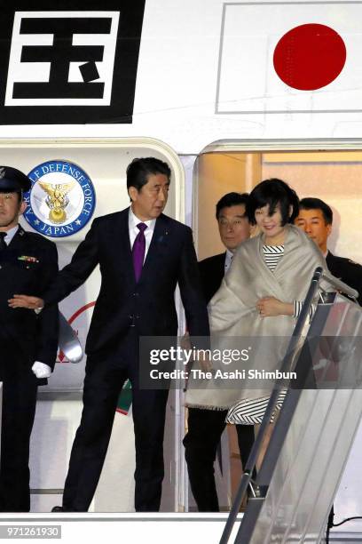 Japanese Prime Minister Shinzo Abe and his wife Akie are seen on arrival at CFB Bagotville on June 7, 2018 in Bagotville, Quebec, Canada.