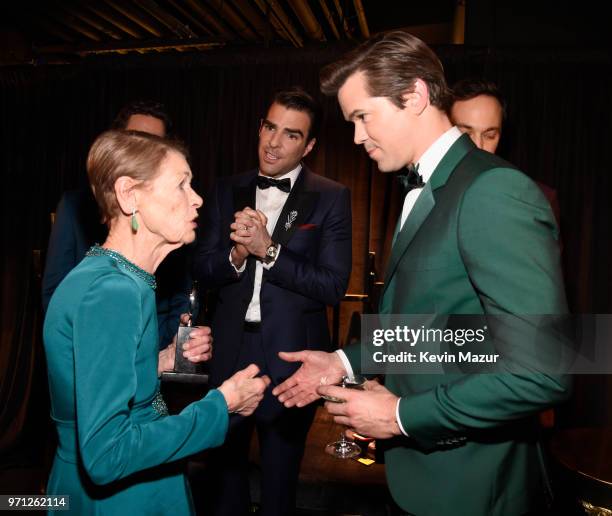 Glenda Jackson, Zachary Quinto and Andrew Rannells backstage during the 72nd Annual Tony Awards at Radio City Music Hall on June 10, 2018 in New York...