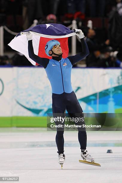 Jordan Malone of the United States celebrates the bronze medal in the Men's 5000m Relay Short Track Speed Skating Final on day 15 of the 2010...