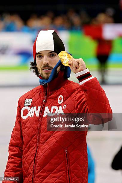 Gold medalist Charles Hamelin of Canada celebrates after the Men's 500m Short Track Speed Skating Final on day 15 of the 2010 Vancouver Winter...