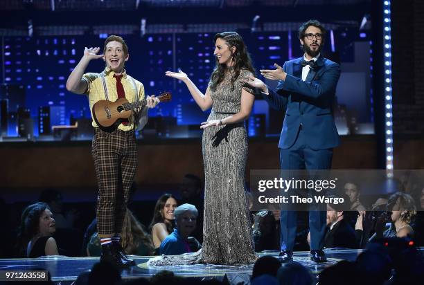 Ethan Slater from the cast of Spongebob Squarepants: The Musical performs onstage with Sara Bareilles and Josh Groban during the 72nd Annual Tony...