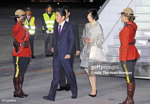 Japanese Prime Minister Shinzo Abe and his wife Akie are seen on arrival at CFB Bagotville on June 7, 2018 in Bagotville, Quebec, Canada.