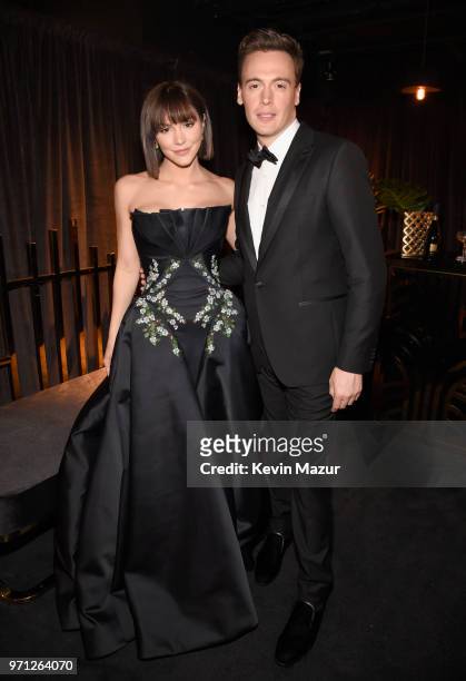 Katharine McPhee and Erich Bergen pose backstage during the 72nd Annual Tony Awards at Radio City Music Hall on June 10, 2018 in New York City.