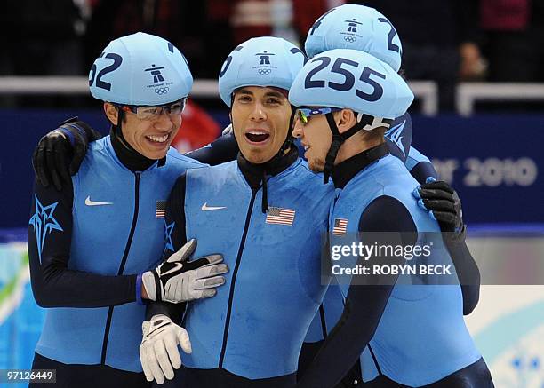 Bronze US medallists, US Apolo Anton Ohno , J.R. Celski and Jordan Malone celebrate at the end of the Men's 5000 m relay short-track final at the...