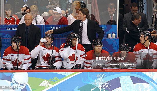 Canadian head coach Mike Babcock is seen during the ice hockey men's semifinal game between the Canada and Slovakia on day 15 of the Vancouver 2010...