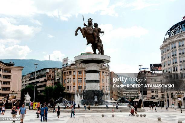 This photo, taken on June 10 shows the monument of King Alexander the Great in the center of Skopje. - Macedonia's history textbooks now look set for...