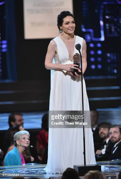 Katrina Lenk accepts the award for Best Performance by an Actress in a Leading Role in a Musical for The Band's Visit onstage during the 72nd Annual...