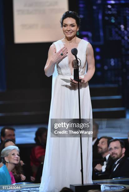 Katrina Lenk accepts the award for Best Performance by an Actress in a Leading Role in a Musical for The Band's Visit onstage during the 72nd Annual...