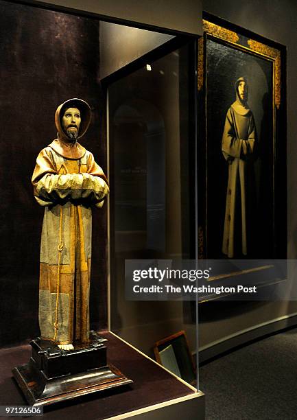 Sculpture of Saint Francis standing in Ecstacy circa 1663 by Pedro de Mena is paired with a painting of the same name by Francisco de Zurbaran from...