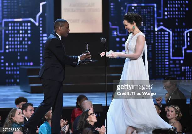 Leslie Odom Jr. Presents Katrina Lenk the award for Best Performance by an Actress in a Leading Role in a Musical for The Band's Visit onstage during...