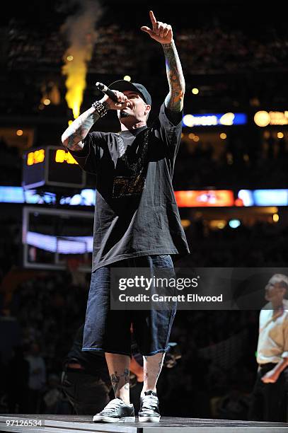 Vanilla Ice performs during the Denver Nuggets v the Detroit Pistons on February 26, 2010 at the Pepsi Center in Denver, Colorado. NOTE TO USER: User...