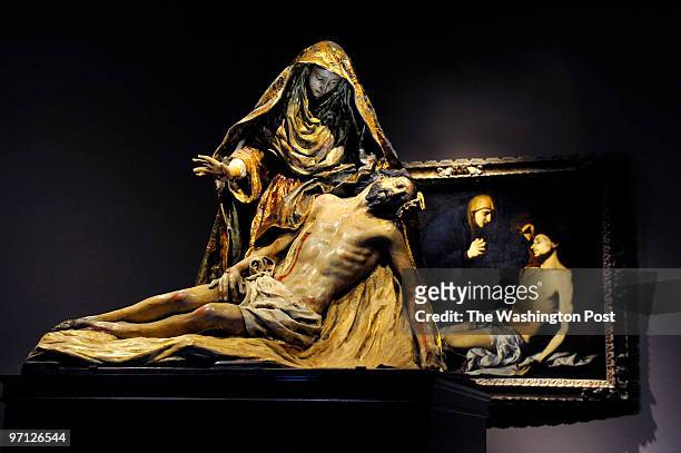 Sculpture from 1680-1700 by an unknown artist of The Pieta is paired with a painting by Jusepe de Ribera "The Lamentation over the Dead Christ" from...