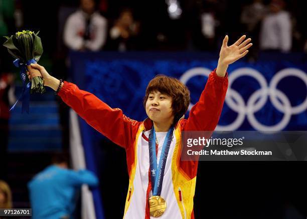 Gold medalist Wang Meng of China celebrates after the Ladies 1000m Short Track Speed Skating Final on day 15 of the 2010 Vancouver Winter Olympics at...