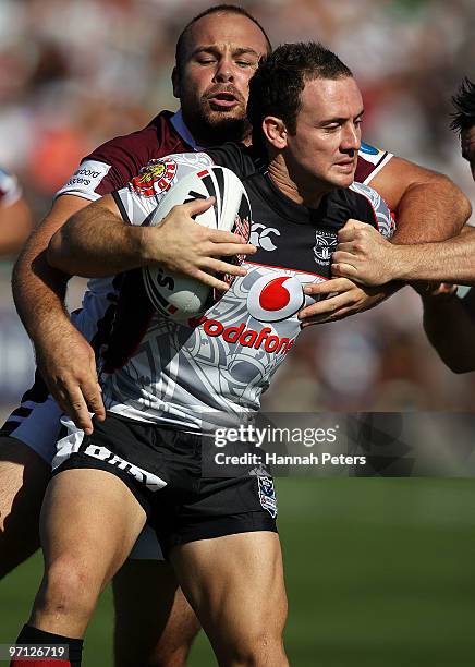 Lance Hohaia of the Warriors attacks during the NRL trial match between the Warriors and the Manly Warringah Sea Eagles at North Harbour Stadium on...