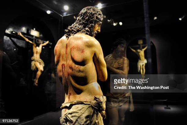 Sculptures left, Christ of Cross by Juan Martinez Montanes , and Ecco Homo by Gregorio Fernandez center, shares a room with a painting by Francisco...