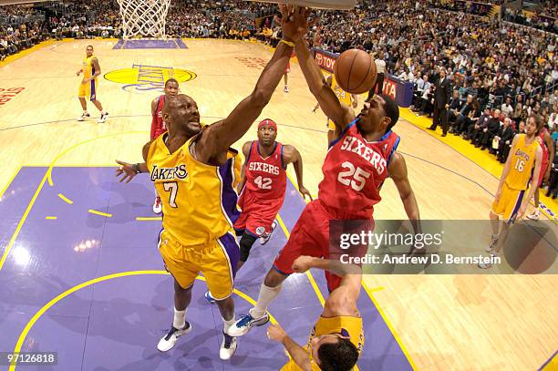 Rodney Carney of the Philadelphia 76ers loses the ball against Lamar Odom of the Los Angeles Lakers at Staples Center on February 26, 2010 in Los...