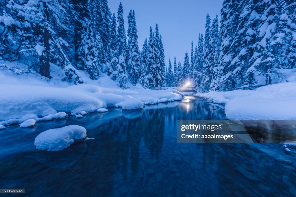 Flowing water in Jasper national park,night view