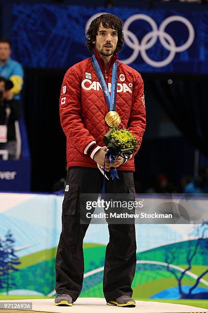 Charles Hamelin of Canada celebrates winning the gold medal in the Men's 500m Short Track Speed Skating Final on day 15 of the 2010 Vancouver Winter...