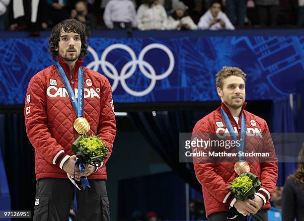 Charles Hamelin of Canada celebrates winning the gold medal and Francois-Louis Tremblay of Canada bronze in the Men's 500m Short Track Speed Skating...