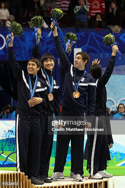 Bronze medalists, the United States with Apolo Anton Ohno, J.R. Celski, Simon Cho, Travis Jayner and Jordan Malone celebrate after the Men's 5000m...