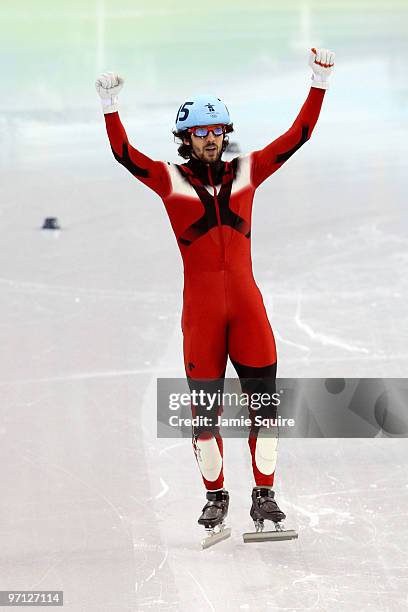 Gold medalist Charles Hamelin of Canada celebrates after the Men's 500m Short Track Speed Skating Final on day 15 of the 2010 Vancouver Winter...