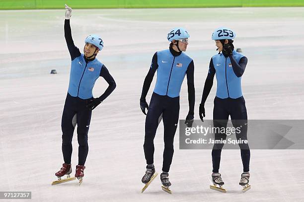 Bronze medalist Apolo Anton Ohno Simon Cho and Travis Jayner after the Men's 5000m Relay Short Track Speed Skating Final on day 15 of the 2010...